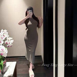 胖婷大码定制胖mm「美式辣妹」SKIMS做旧高弹极简修身包臀连衣裙