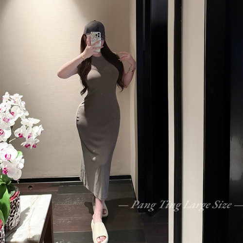 胖婷大码定制胖mm「美式辣妹」SKIMS做旧高弹极简修身包臀连衣裙