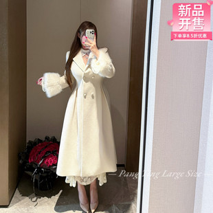 胖婷大码定制胖mm「雪国千金」冬季赫本风收腰毛呢大衣长款厚外套