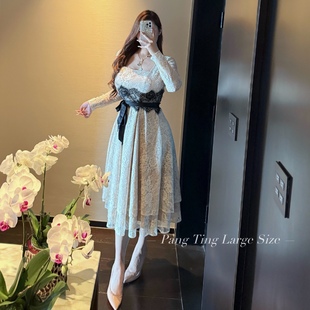 胖婷大码定制胖mm「楚楚小白花」古早风甜美温柔纯欲蕾丝连衣裙女