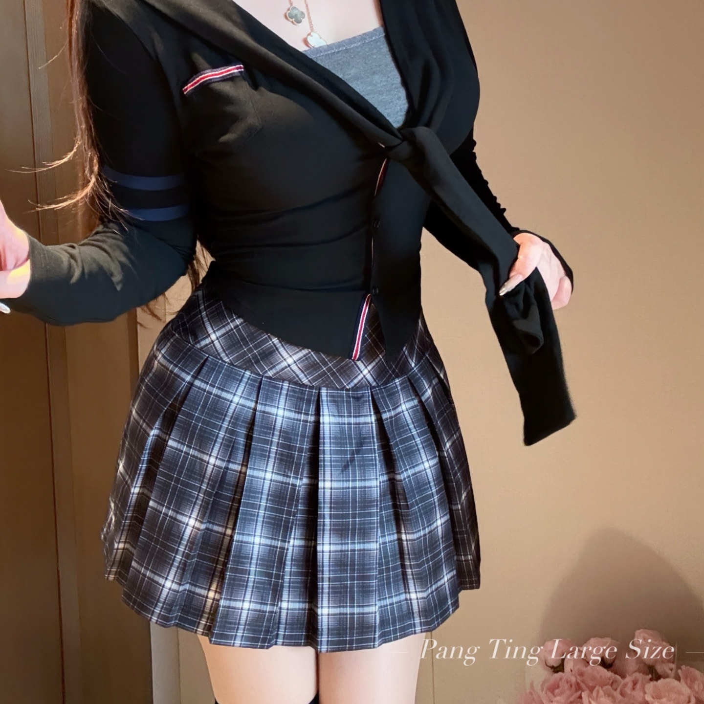 胖婷大码定制英伦学院格纹百褶裙