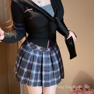 辣妹短裙 纹百褶裙修身 胖婷大码 定制胖mm「娇俏小妖」英伦学院风格