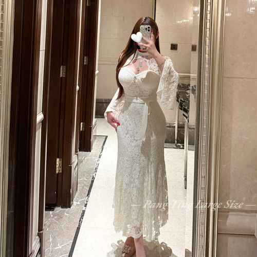 胖婷大码加绒蕾丝步步生莲连衣裙