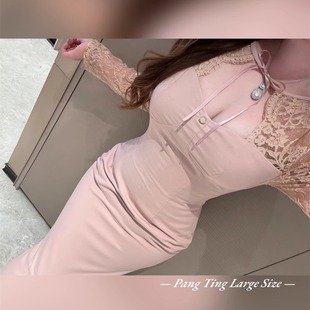 胖婷大码定制胖mm「富士樱花」春季性感修身定染蕾丝镂空连衣裙女