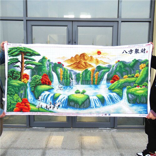 八方聚财纯手工十字绣成品迎客松山水送人挂画