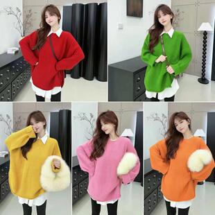 卡卡女装官方正品冬季韩系简约慵懒感纯色宽松毛衣圆领长袖上衣潮