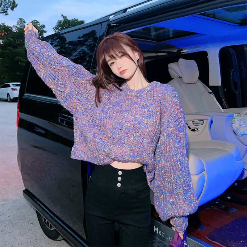 长袖毛衣彩球短款圆领百搭宽松