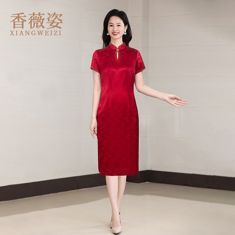 夏季红色旗袍女新中式高端大气上档次醋酸妈妈婚宴订婚礼服连衣裙