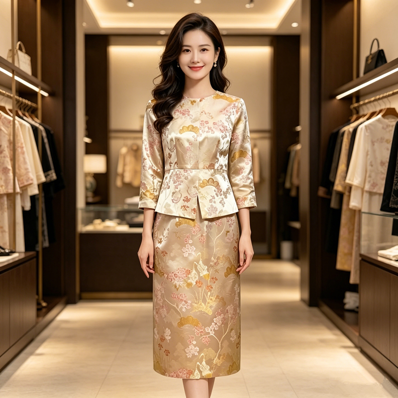 宋锦真丝连衣裙2026春季妈妈轻奢高级感春款婚宴宴会正式场合礼裙