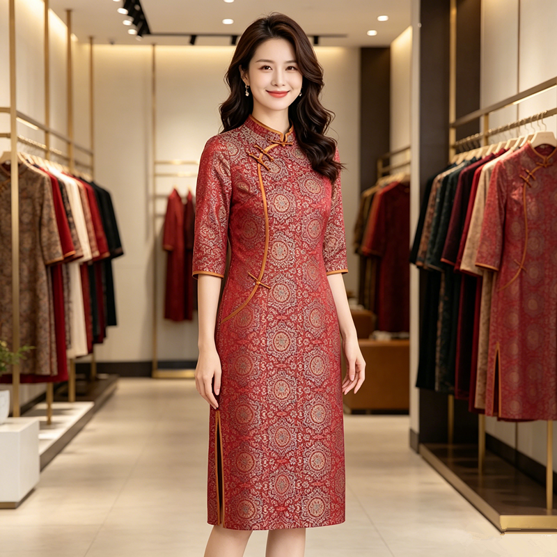 香薇姿八达晕宋锦真丝旗袍春秋红色订婚妈妈婚宴礼服喜婆婆婚宴装