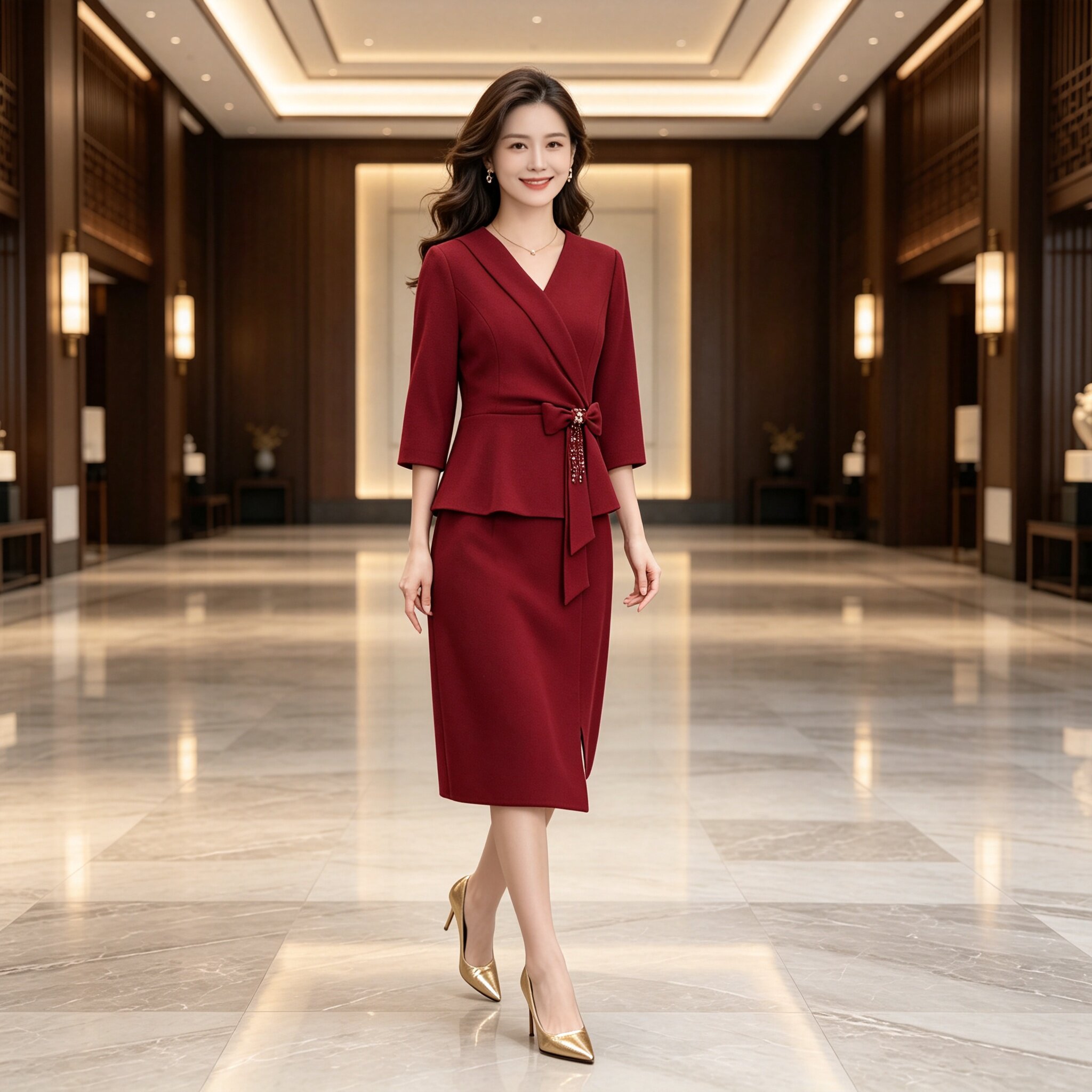 香薇姿红色羊毛V领收腰订婚裙