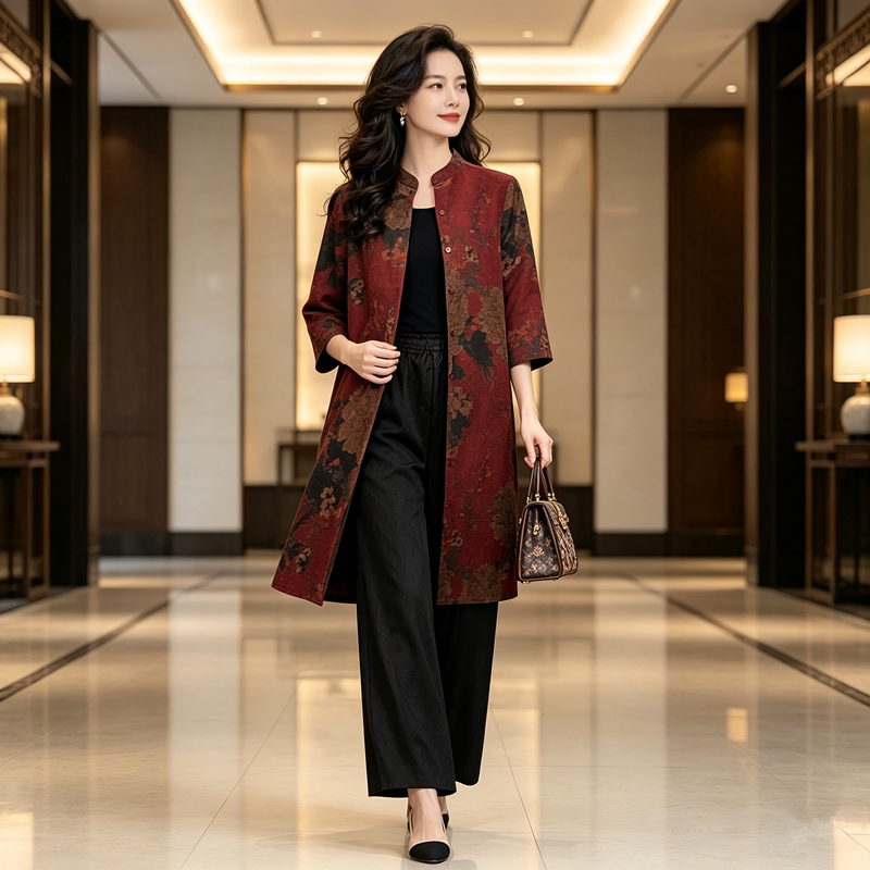 真丝香云纱风衣女款2026新款小个子中长款秋季复古红色妈妈装外套