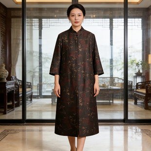 春季新中式风衣连衣裙女复古立领中长款真丝香云纱高端宽松型外套