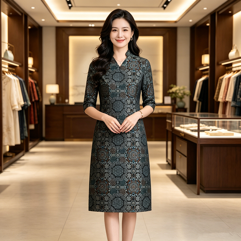 八达晕宋锦连衣裙女春夏新中式高端轻奢V领减龄显瘦妈妈婚宴礼服
