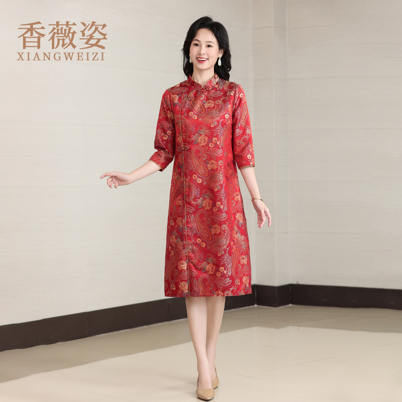宋锦真丝旗袍女新中式春夏喜婆婆婚宴装2025新款高端妈妈婚宴礼服