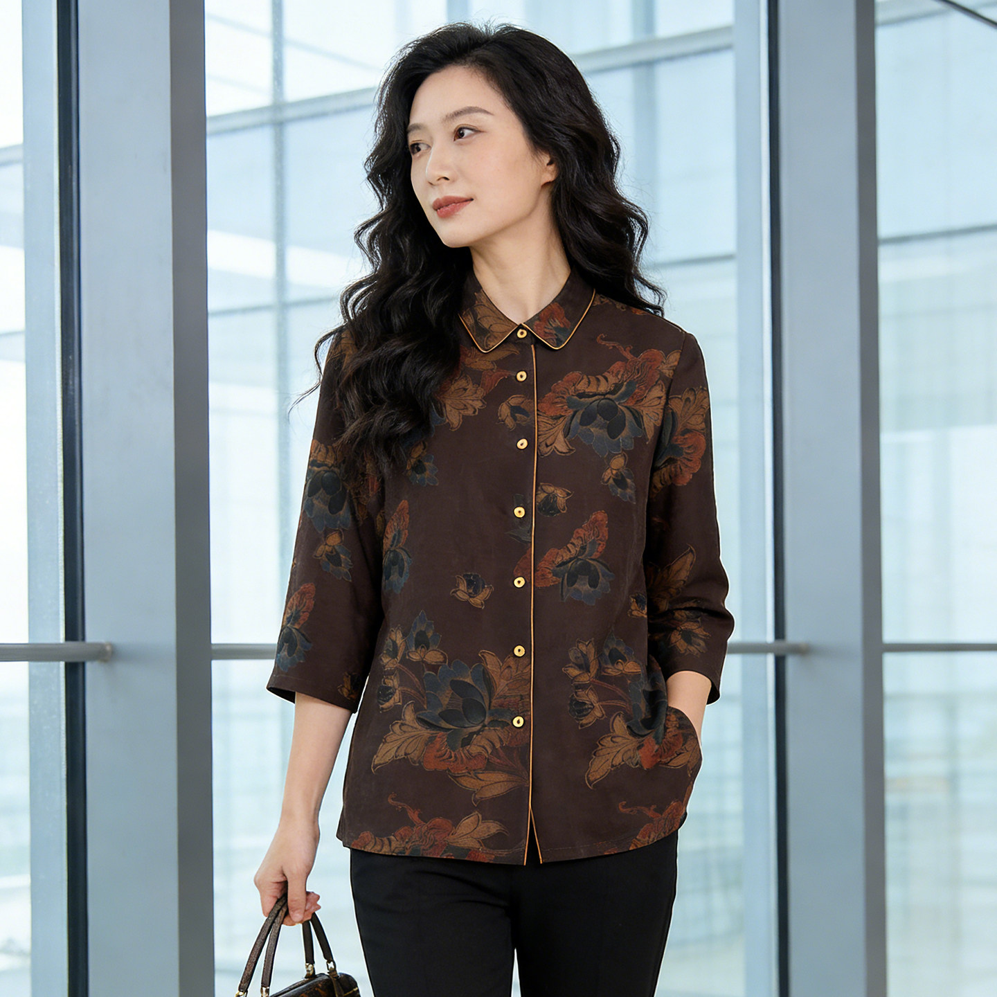 春季真丝香云纱衬衫女七分袖翻领桑蚕丝上衣气质减龄桑蚕丝妈妈装