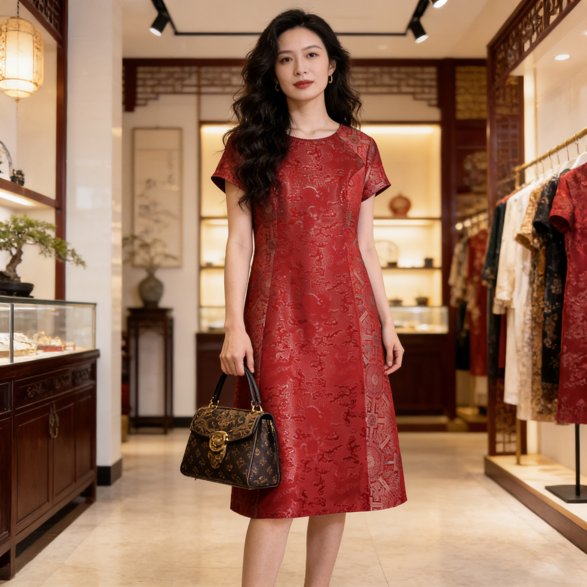 香薇姿国风复古红色提花真丝连衣裙女夏季短袖妈妈喜婆婆订婚礼裙