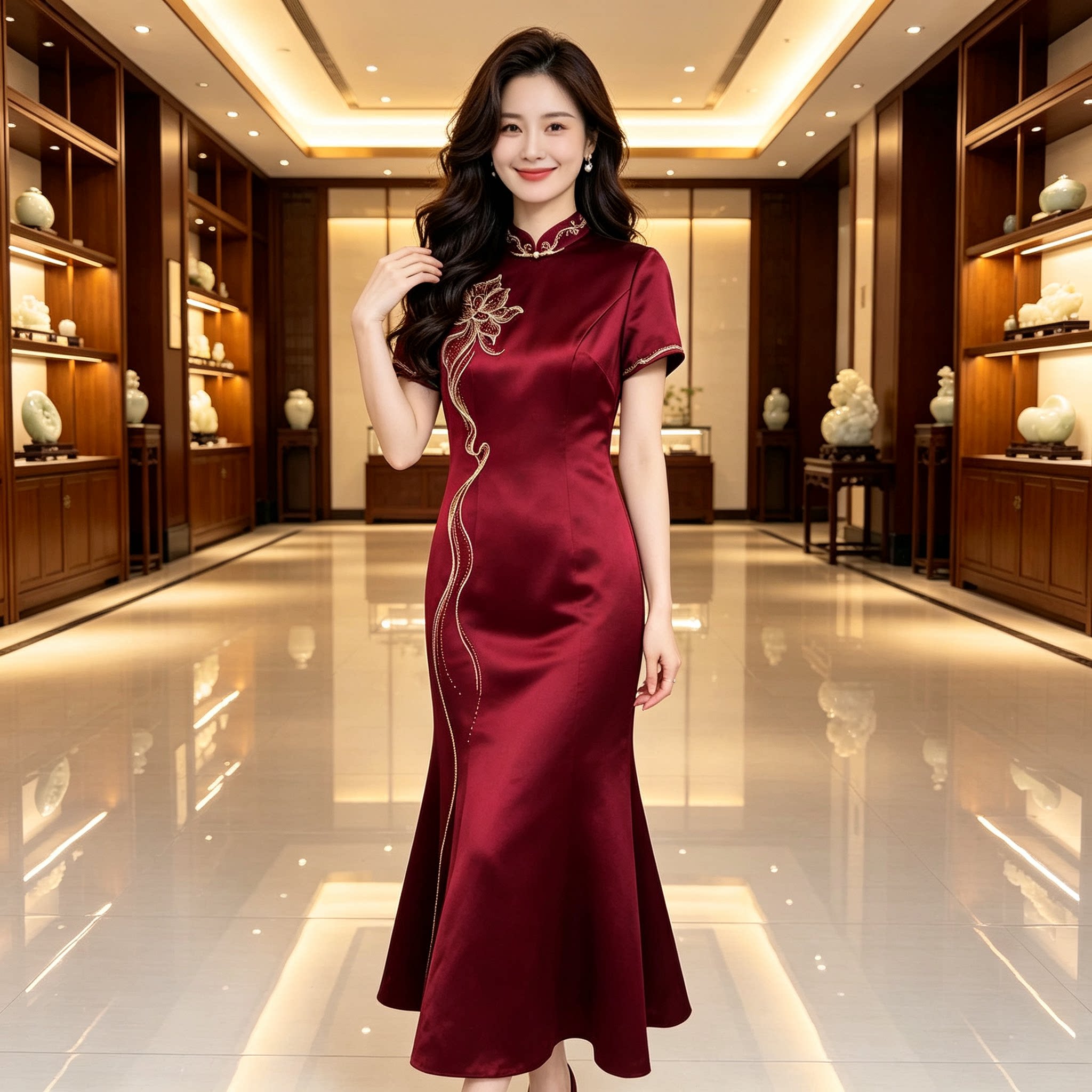 秋订婚妈妈旗袍喜婆婆鱼尾裙礼服图片