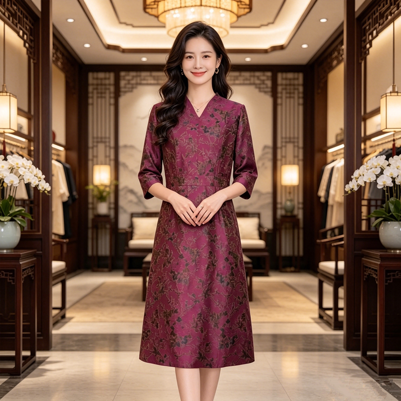2026秋季桑蚕丝丝毛妈妈连衣裙女图片