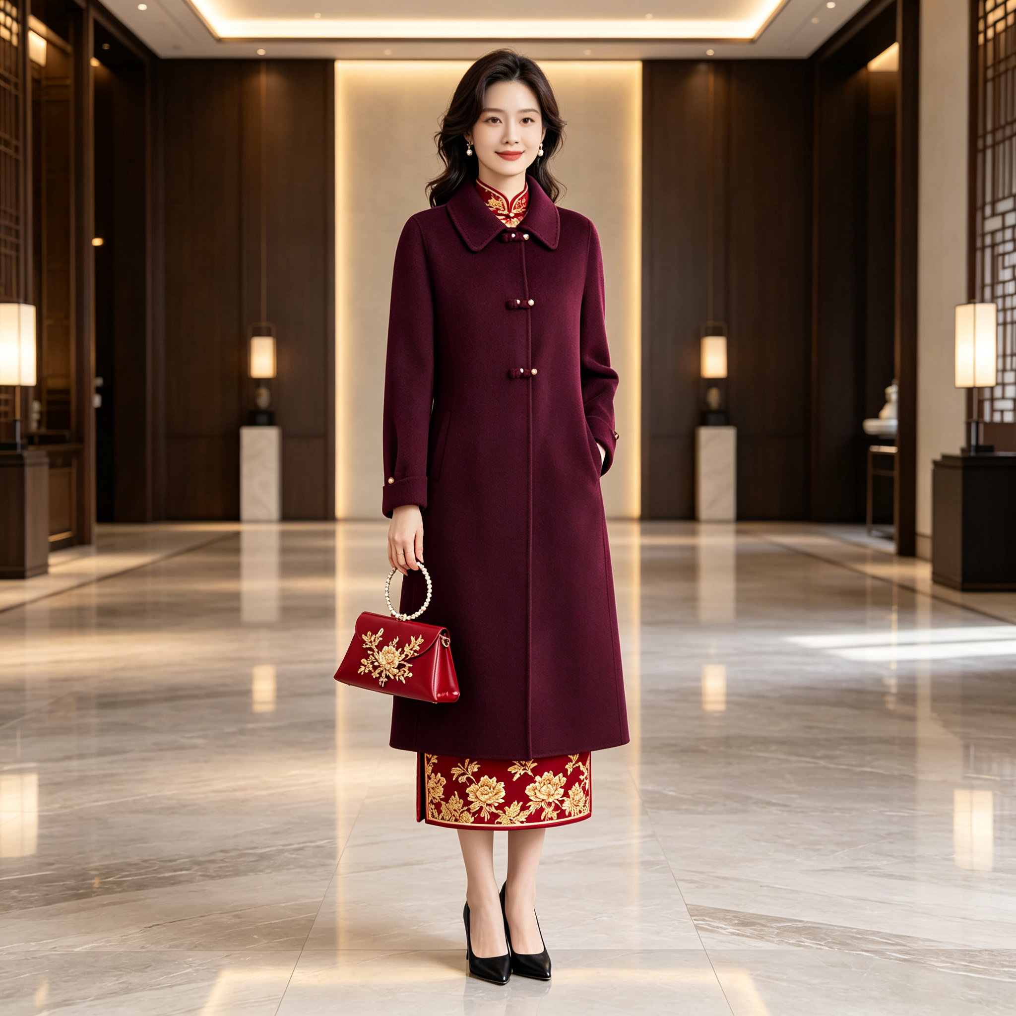 冬季长袖妈妈装羊毛呢外长款大衣