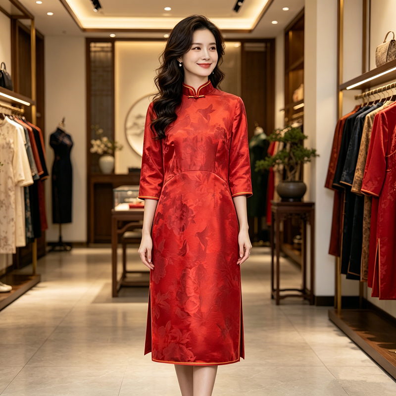 桑蚕丝香云纱连衣裙妈妈婚宴订婚礼服女红色夏季喜婆婆婚宴装旗袍