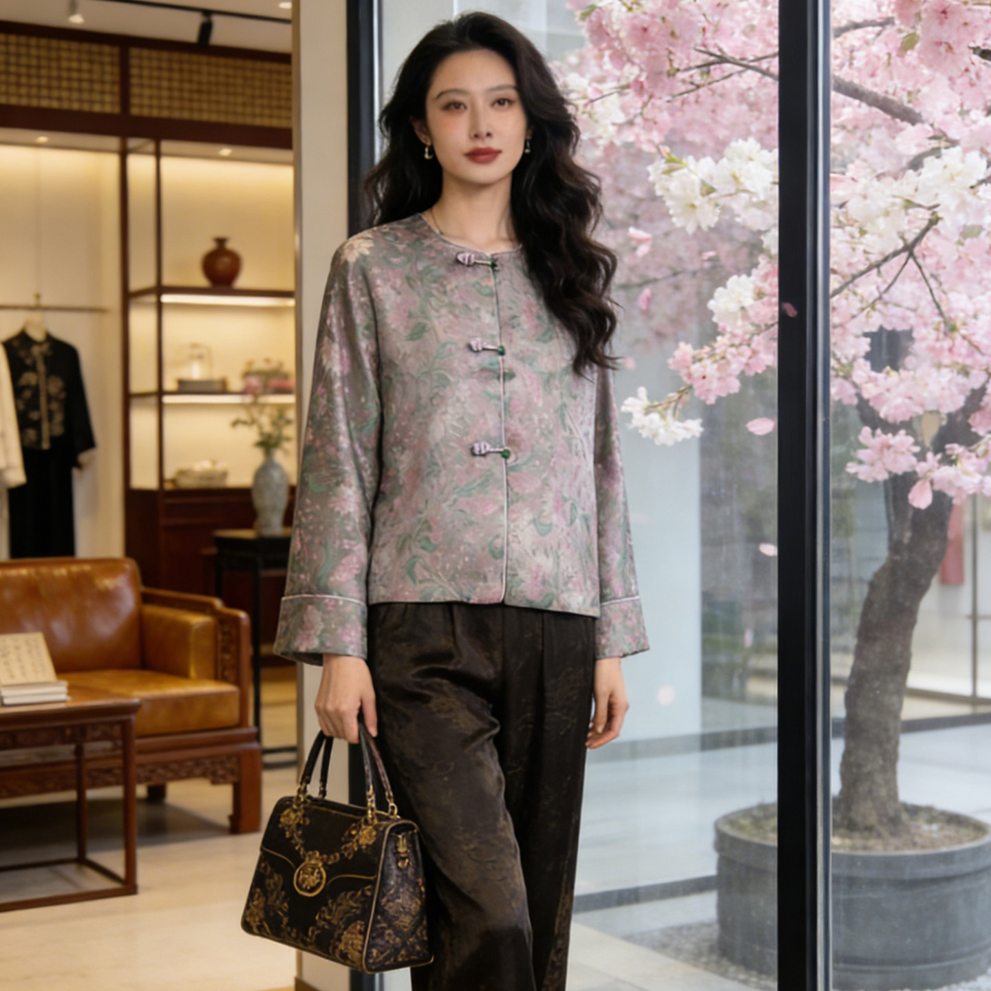 新中式宋锦外套女2026春季新款盘扣圆领高端气质上衣长袖春装女装