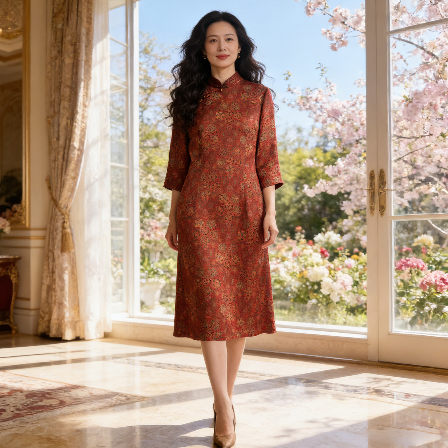 春夏真丝香云纱连衣裙新中式红色改良旗袍订婚妈妈婚宴装日常可穿