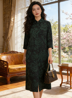 2026春季真丝香云纱衬衫连衣裙女单排多扣女装妈妈碎花桑蚕丝裙子