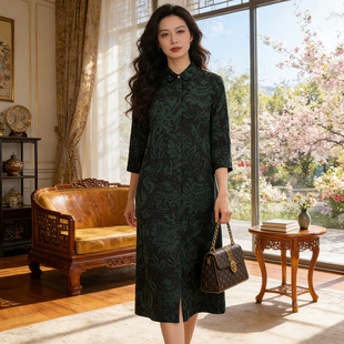 2026春季真丝香云纱衬衫连衣裙女单排多扣女装妈妈碎花桑蚕丝裙子