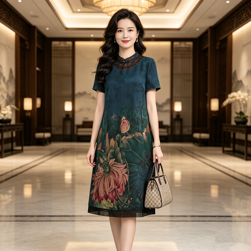 花罗桑蚕丝香云纱连衣裙女夏季2026中式高端气质妈妈真丝裙子夏天