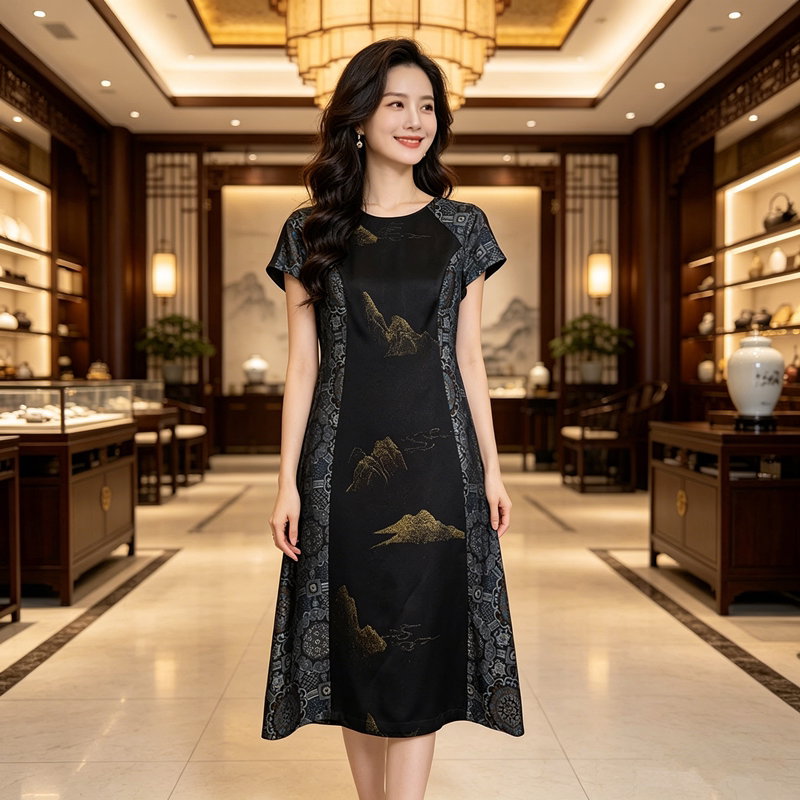 香薇姿宋锦短袖显瘦妈妈装连衣裙