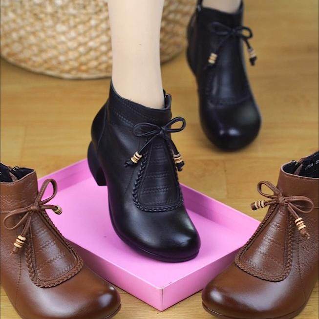 头层牛皮舒适软底防滑真皮马丁靴民族风复古加绒保暖粗跟妈妈短靴,女鞋,时装靴,淘宝优惠券,粉丝福利购,淘宝优惠卷