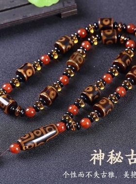 民族风天然藏式三眼九眼天珠玛瑙项链佛珠手串男女款手链