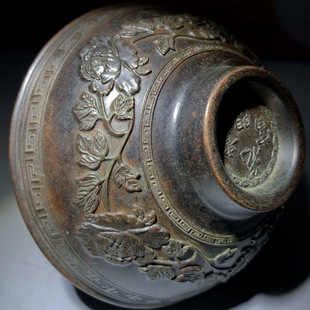 农村收淘的年年有鱼紫铜色碗浮雕花开富贵碗富贵有余碗老物件摆件