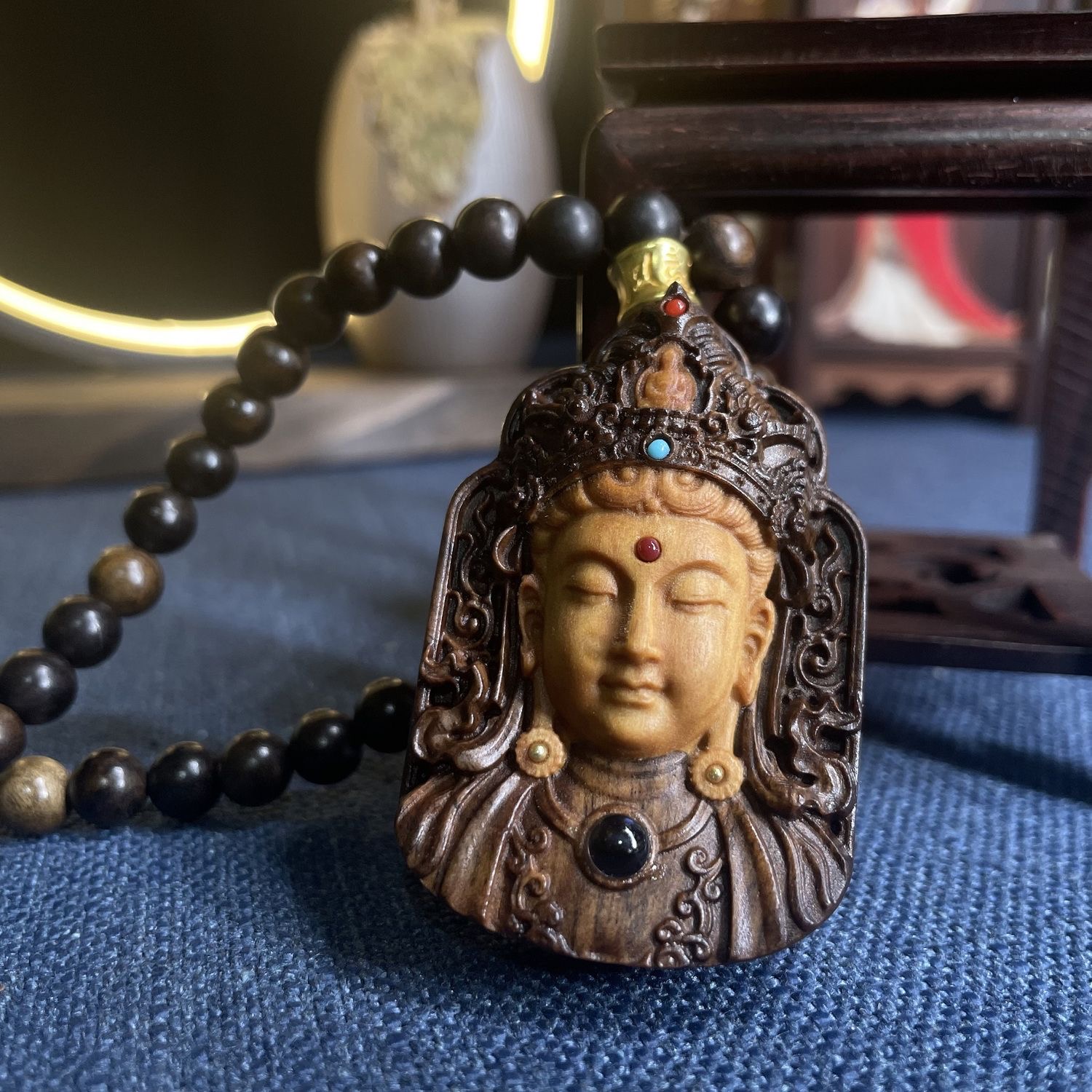 正品檀木沉香雕刻度母投影复古车挂古风男女项链吊坠佛珠手串0.8