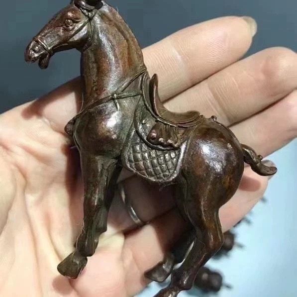 复古包浆回流实心铜小唐马摆件骏马带马鞍马驹小铜马把件战马唐马