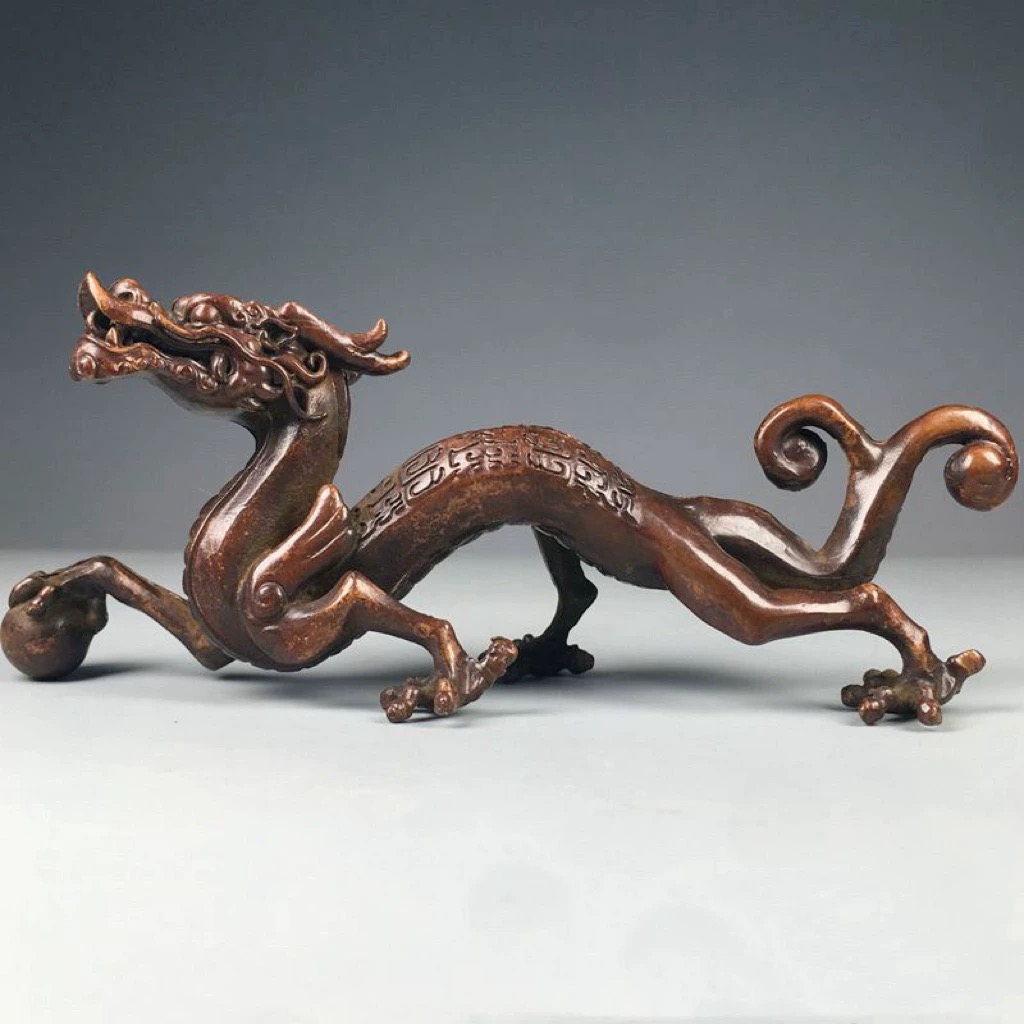 古玩铜器青龙摆件实心龙镇纸压尺笔架笔搁茶台茶宠文房用品收藏