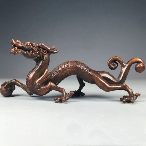 古玩铜器青龙摆件实心龙镇纸压尺笔架笔搁茶台茶宠文房用品收藏