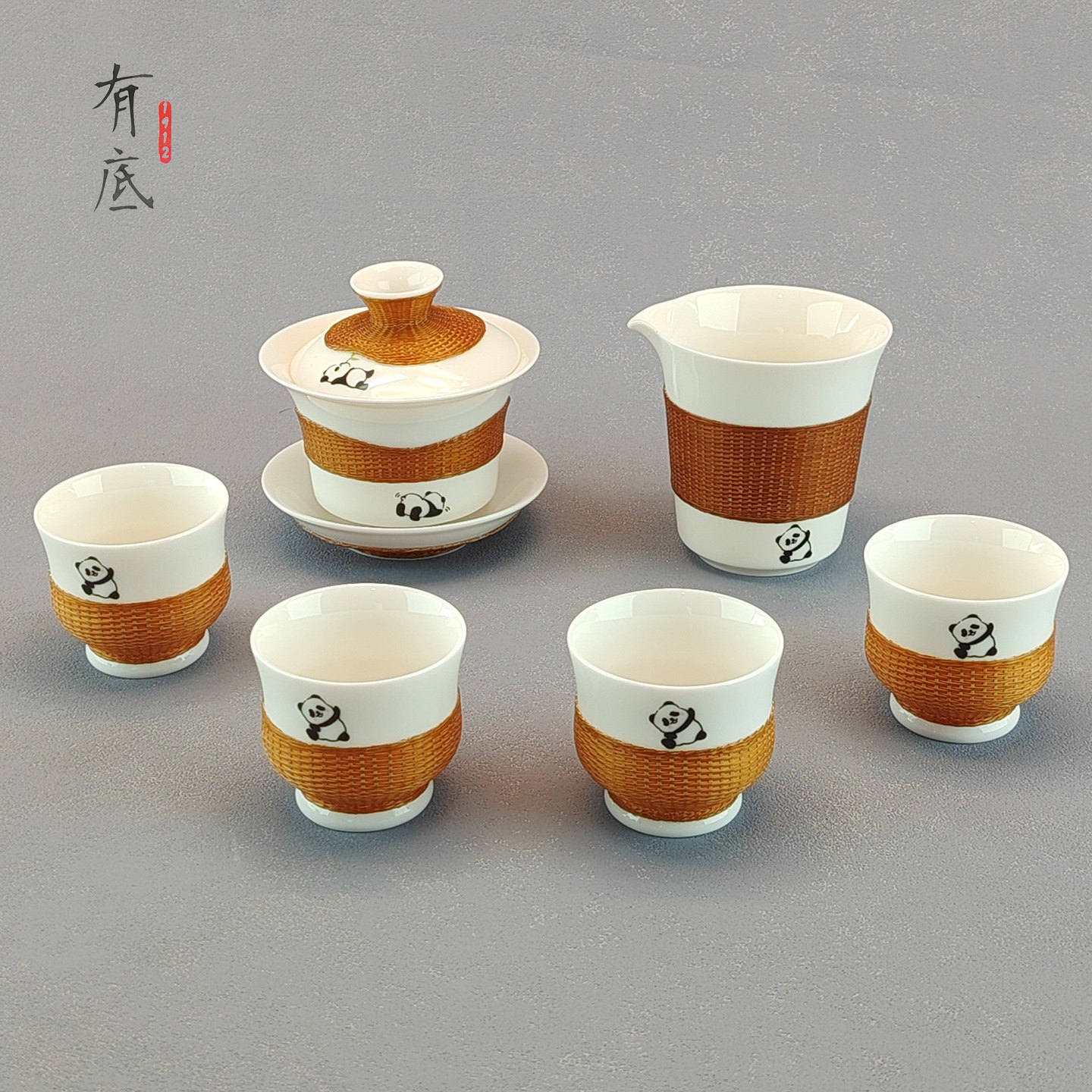 中国非遗竹编茶具套装功夫茶具熊猫图案盖碗茶具商务送礼送外国人