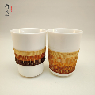 非遗手工竹丝扣瓷茶杯竹节手握杯瓷胎竹编茶具双杯礼盒商务送礼