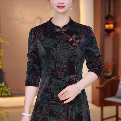 妈妈装秋季新款时尚改良旗袍连衣裙中老年女春秋中长款连衣裙