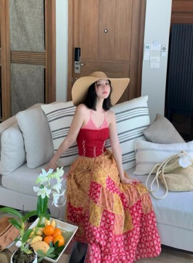 泰国云南旅游度假拍照穿搭女复古民族风吊带背心阔腿裤裙两件套装