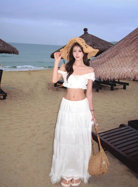 三亚旅游海边度假穿搭女夏季超仙白色泡泡袖抹胸半身长裙两件套装