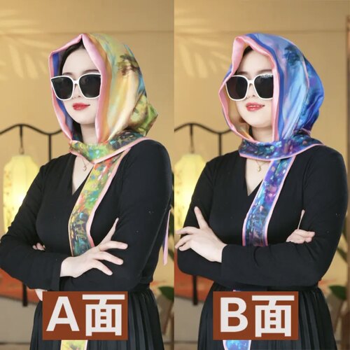 【双层双色丝巾帽】春夏新款缎面防风防晒旅游遮阳飘带一体丝巾帽