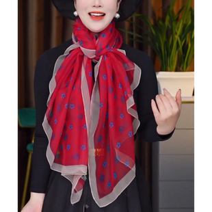 酒红玫瑰高档气质山茶花百搭时尚丝巾披肩优柔纱围巾防晒沙滩巾女