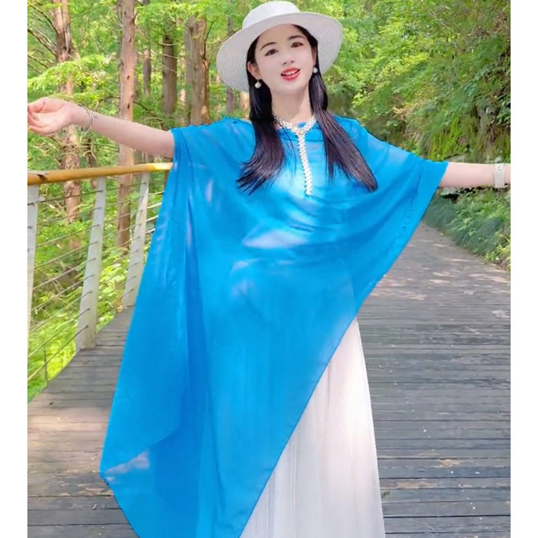 【围奕】夏季长款防晒丝巾多色新中式盘扣户外女薄款披肩蓝色洋气