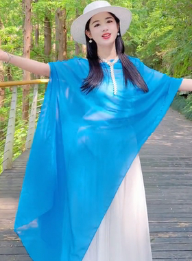 【围奕】夏季长款防晒丝巾多色新中式盘扣户外女薄款披肩蓝色洋气