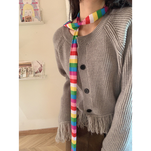 日系可爱y2k千禧辣妹彩虹围巾棉秋季 ins可爱条纹造型细围巾围脖潮