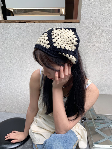 辣妹ins甜美复古针织钩针三角巾春夏绑带束发发带头巾女y2k头饰潮