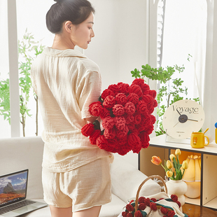 手工花朵鲜花大红玫瑰花花束的毯子沙发毛毯编织成品送人花毯披肩